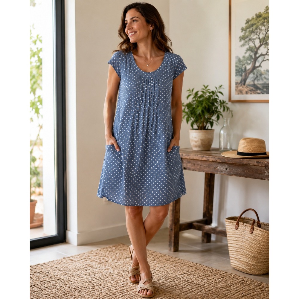 Colette Blue Polka Dot 100% Linen Dress Made in Italy Cap Sleeve Pockets NWT